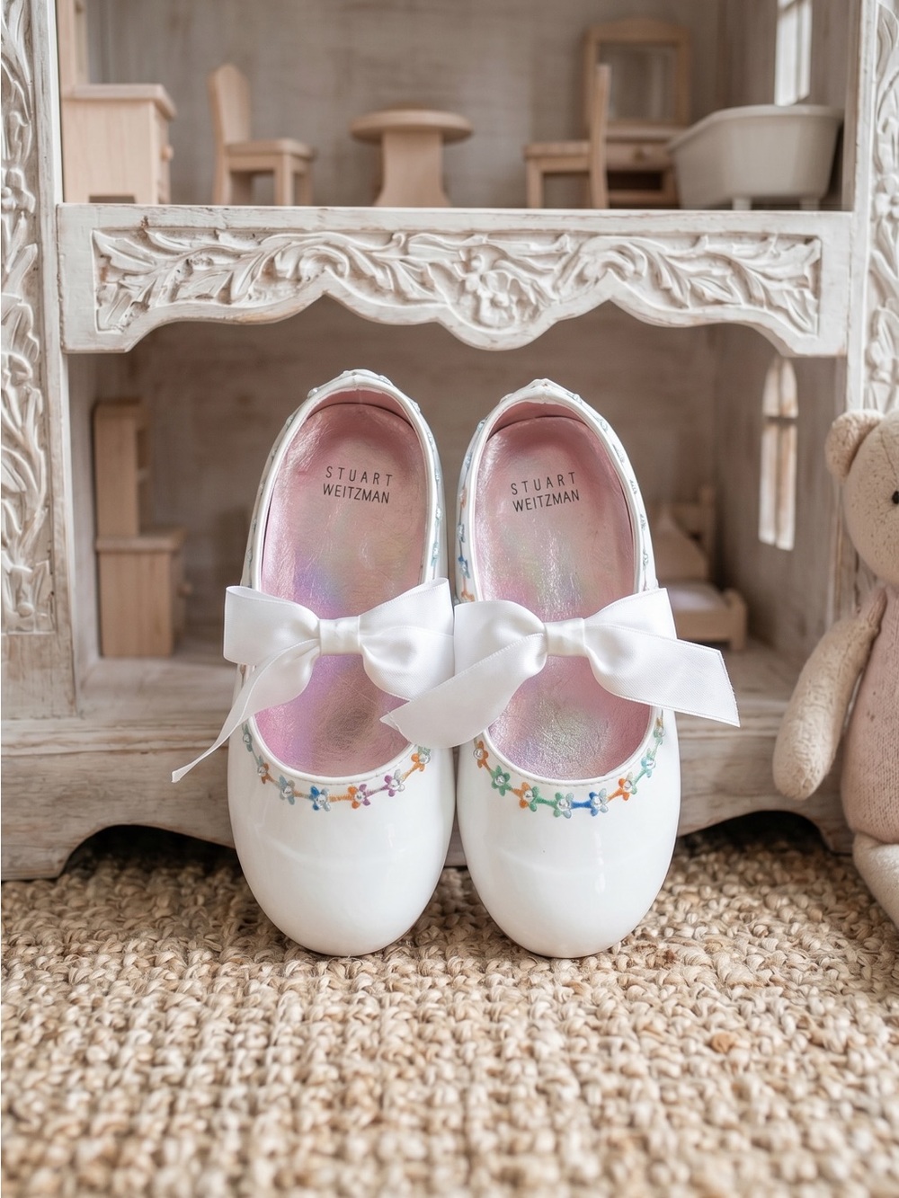 Stuart Weitzman White Girls' Mary Jane Shoes with Rainbow Trim & Satin Bow